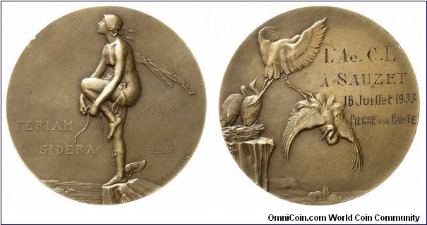 1920 France Aviation Medal by P. M. Dammann. Bronze 50MM./55 gms. 
Obv: Nude female figure standing left on one leg, attaching wings to ankles. Legend FERIAM SIDERA/MCMXX. Signed M.DAMMANN. Rev: Storks with young take-off from cliff-top. Inscribed 