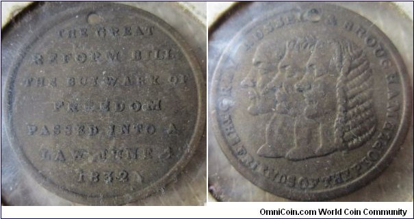brass token commorating the 1832 reform bill