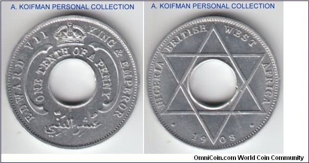 KM-1, 1908 British West Africa 1/10 penny; aluminum, plain edge; bright uncirculated, possibly small spot in the crown.