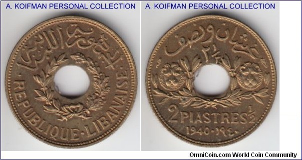 KM-10, 1940 Lebanon 2 1/2 piastres; aluminum-bronze, plain edge; good looking, unusually bright uncirculated.