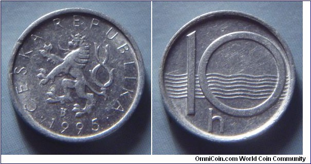 Czech Republic | 
10 Haléřů, 1995 | 
15.5 mm, 0.6 gr. | 
Aluminium |  

Obverse: Czech Lion, date below | 
Lettering: • ČESKÁ REPUBLIKA • 1995 | 

Reverse: Stylized river, denomination in front | 
Lettering: 10 h |