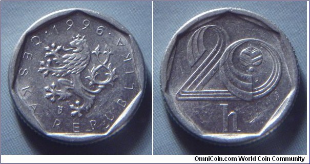 Czech Republic | 
20 Haléřů, 1996 | 
17 mm, 0.74 gr. | 
Aluminium |  

Obverse: Heptagonal around Czech Lion, date above | 
Lettering: • ČESKÁ REPUBLIKA • 1996 | 

Reverse: Heptagonal around denomination, linden leaf in the zero | 
Lettering: 20 h |