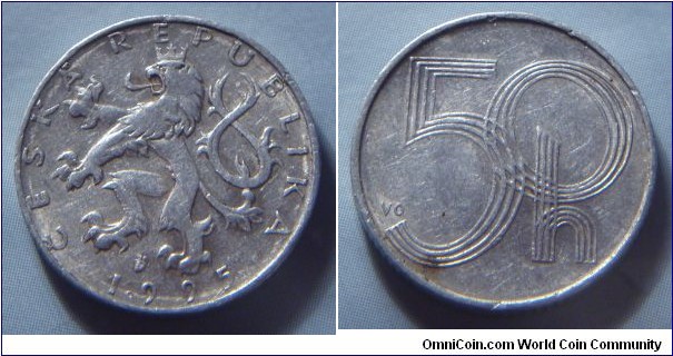 Czech Republic | 
50 Haléřů, 1995 | 
19 mm, 0.9 gr. | 
Aluminium |  

Obverse: Czech Lion, date below | 
Lettering: • ČESKÁ REPUBLIKA • 1995 | 

Reverse: Denomination | 
Lettering: 50 h |
