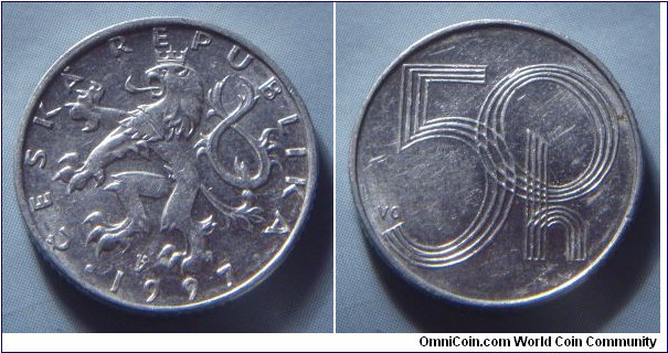 Czech Republic | 
50 Haléřů, 1997 | 
19 mm, 0.9 gr. | 
Aluminium |  

Obverse: Czech Lion, date below | 
Lettering: • ČESKÁ REPUBLIKA • 1997 | 

Reverse: Denomination | 
Lettering: 50 h |
