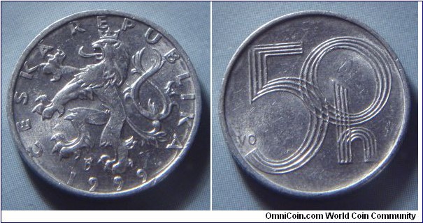 Czech Republic | 
50 Haléřů, 1999 | 
19 mm, 0.9 gr. | 
Aluminium |  

Obverse: Czech Lion, date below | 
Lettering: • ČESKÁ REPUBLIKA • 1999 | 

Reverse: Denomination | 
Lettering: 50 h |