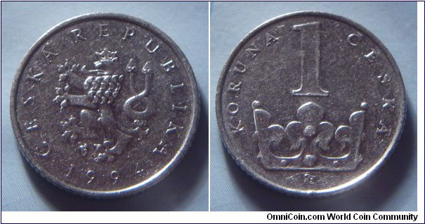 Czech Republic | 
1 Koruna, 1994 | 
20 mm, 3.6 gr. | 
Nickel plated Steel |  

Obverse: Czech Lion, date below | 
Lettering: ČESKÁ REPUBLIKA 1994 | 

Reverse: St. Wenceslas crown, denomination above | 
Lettering: KORUNA 1 ČESKÁ |