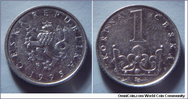 Czech Republic | 
1 Koruna, 1995 | 
20 mm, 3.6 gr. | 
Nickel plated Steel |  

Obverse: Czech Lion, date below | 
Lettering: ČESKÁ REPUBLIKA 1995 | 

Reverse: St. Wenceslas crown, denomination above |  
Lettering: KORUNA 1 ČESKÁ |