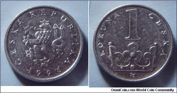 Czech Republic | 
1 Koruna, 1996 | 
20 mm, 3.6 gr. | 
Nickel plated Steel |  

Obverse: Czech Lion, date below | 
Lettering: ČESKÁ REPUBLIKA 1996 |  

Reverse: St. Wenceslas crown, denomination above | 
Lettering: KORUNA 1 ČESKÁ |