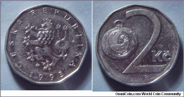 Czech Republic | 
2 Koruny, 1993 | 
21.5 mm, 3.7 gr. | 
Nickel plated Steel |  

Obverse: Czech Lion, date below | 
Lettering: ČESKÁ REPUBLIKA 1993 | 

Reverse: Great Moravian button-jewel, denomination right | 
Lettering: 2 Kč |