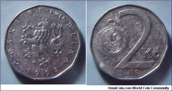 Czech Republic | 
2 Koruny, 1994 | 
21.5 mm, 3.7 gr. | 
Nickel plated Steel |  

Obverse: Czech Lion, date below | 
Lettering: ČESKÁ REPUBLIKA 1994 | 

Reverse: Great Moravian button-jewel, denomination right | 
Lettering: 2 Kč |