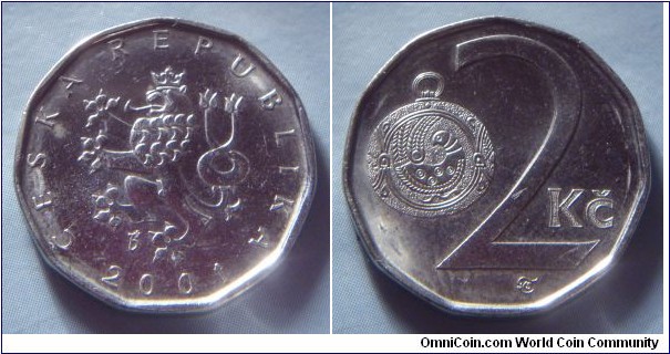 Czech Republic | 
2 Koruny, 2001 | 
21.5 mm, 3.7 gr. | 
Nickel plated Steel |  

Obverse: Czech Lion, date below | 
Lettering: ČESKÁ REPUBLIKA 2001| 

Reverse: Great Moravian button-jewel, denomination right | 
Lettering: 2 Kč |