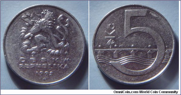 Czech Republic | 
5 Korun, 1993 | 
23 mm, 4.8 gr. | 
Nickel plated Steel |  

Obverse: Czech Lion, date below | 
Lettering: ČESKÁ REPUBLIKA 1993 | 

Reverse: Linden leaf and Charles Bridge over Vltava (Moldau) river, denomination right | 
Lettering: Kč 5 |