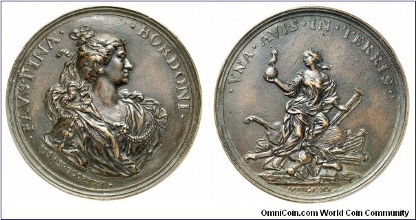 1723 Italy Faustina Bordoni (1697-1781) Medal by Joseph Broccetti. Bronze: 84MM./198 gms.
Obv: Droped bust right. Legend .FAVSTINA. .BORDONI. Signed IO S.BROCCETTI. Rev: Polymnia seated on a pile of musical trophies. Legend .VNA.AVIS.IN.TERRIS. (Faustina Bordoni was an actress and a cantatrice, her nickname was 