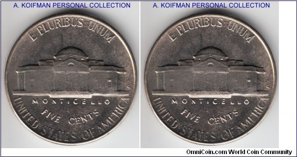 KM-A192, 1951 Unites States 5 cents, San Francisco mint (S mint mark); copepr-nickel, plain edge; average mint state, probably MS64.