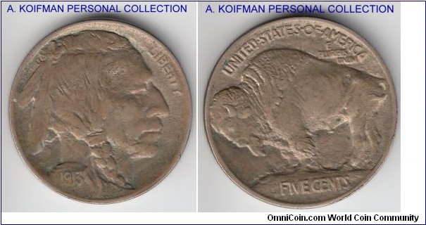 KM-133, 1913 United States of America 5 cents; copper-nickel, plain edge; Type 1, extra fine or about, clear date.