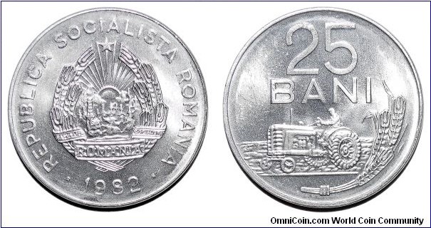 ROMANIA (SOCIALIST REPUBLIC)~25 Bani 1982. Last circulating issue for the 'Socialist Republic'.