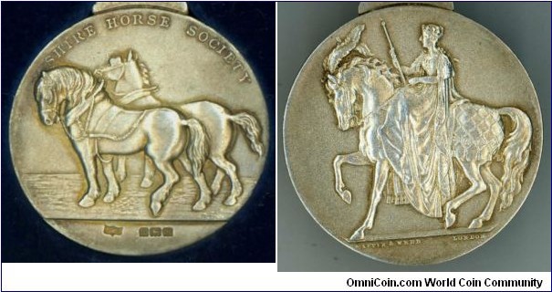 1935 UK Shire Horse Society Manchester & Salford Parade Medal. Silver: 45MM./47 gms.
Obv: Pair of Heavy Horses legend SHIRE HORSE SOCIETY. Exergue fully Hallmarked for Mappin & Webb, Brimingham, 1931. Rev: Queen Victoria riding on Parade Horse to left. Exergue MAPPIN & WEBB, LONDON.
