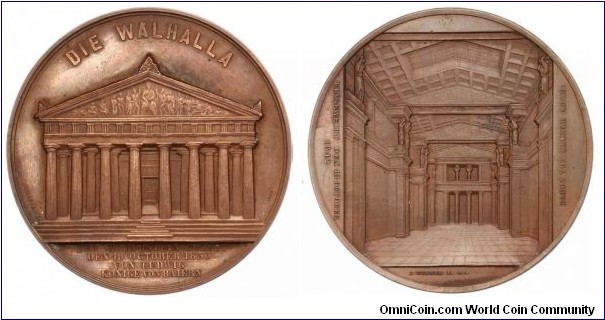 1859 German Bayern Munich Walhalla (Foundation stone was laid by Ludwig I in 1830 & the inauguration in 1842)  Medal by Wiener. Bronze: 60MM.
Obv: Exterior view of Walhalla. Legend DIE WALHALLA. Exergue DER GRUNDSTEIN GELEGT/DEN 18 OCTOBER 1830/VON LUDWIG/KONIGE VON BAIERN  Rev: Interior of Walhalla. Legend EINGEWEIHT DEN 18 OCTOBER 1842. BARON VON KLENZE ARCH:
