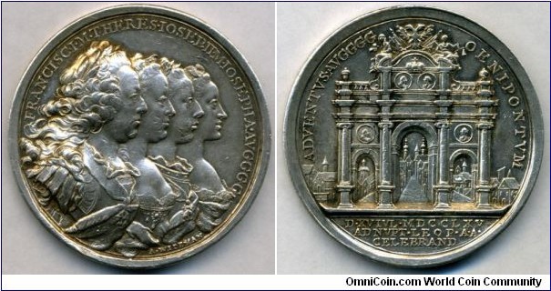 1765 Austria Imperial Visit to Innsbruck in connection with the marriage of Archduke Leopold with Princess Marie Louise of Spain Medal by Anton Franz  Wideman. Silver: 47MM.
Obv: Conjoined bust of Francis I, Holy Roma Emperor; his wife Maria Theresa of Austria; Josph II, Crown Prince of Austria & his wife Maria Josepa of Bavaria to right. Legend FRANCIS.I.M.THERES.JOSPH.M.JOSEPHA.AVGGGG. Signed A.WIDEMAN. Rev: The Triumphant Arch with street of Innsbruck behind.
