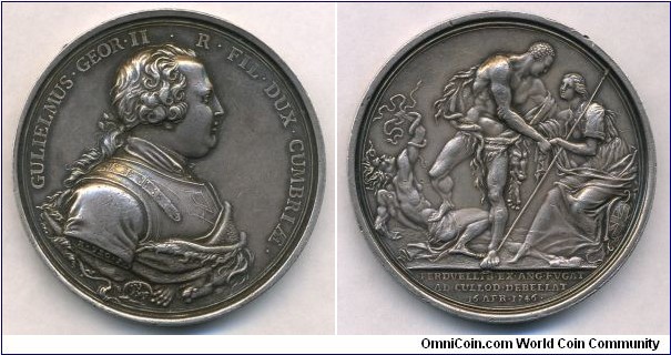 1746 UK George II (1727-1760) Jacobite: The Battle of Culloden Medal by Richard Yeo. Silver: 51MM
Obv: Armoured & draped bust of William, Duke of Cumberland to right. Legend GULIELMUS.GEOR.II.R.FIL.DUX.CUMBRIAE. Signed R. YEO.F. Rev:  The Duke of Cumberland, as Hercules, trampling upon Discord and raising a thankful Britannia to her feet. Exergue PERDVELLIS.EX.ANG.FVGAT.AD.CULLOD.DEBELLAT 16 APR.1746.
