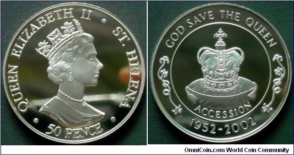 Saint Helena 50 pence.
2002, 50th Anniversary of Accesion of Queen Elizabeth II.