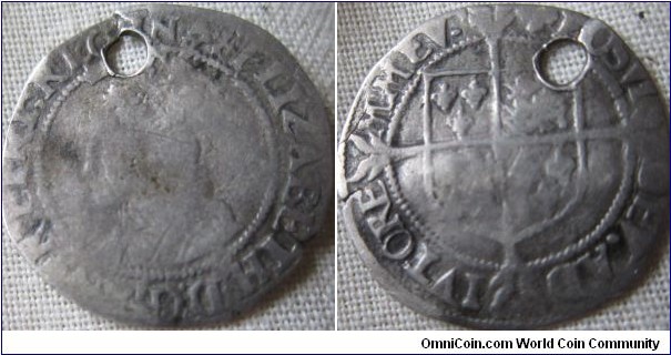 Holed Elizabeth I halfgroat with mintmark Cross Crosslet