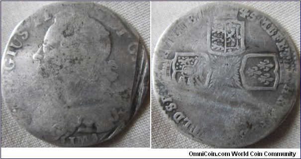 1745 shilling, some heavy wear and damage in places