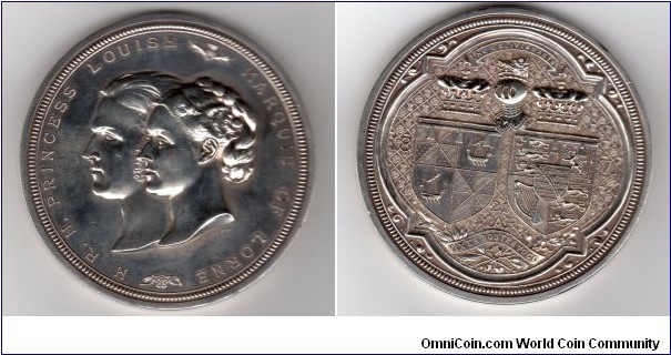 1871 UK Marriage of Princess Louise and Marquis of Lorne Medal by J.S. Wyon. Silver 64MM./158.3 gms.
Obv:  Conjoined busts facing left, with thistle above and rose below. Legend M.H.PRINCESS LOUISE. MARQUIE OF LORNE. Rev: Heraldic shield with 1871 21 MAR, on a field decorated with roses and thistles, inside an ornamental qua trefoil.
