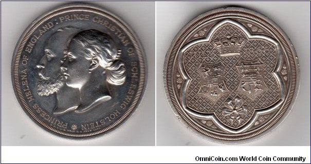 1866 UK Marriage of Princess Helena and Prince Christian of Schleswig Medal by J.S. & A.B. Wyon. Silver: 63MM./155.82 gms.
Obv: Conjoined busts profiles left.Legend PRINCESS HELENA OF ENGLAND:PRINCE CHRISTIAN OF SCHLESWIG HOLSTEIN*. Rev: Arms of the Prince and Princess beneath a crown dividing, July 1866.
