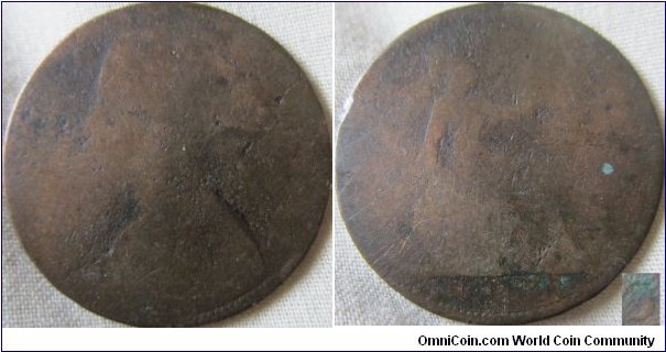 very worn penny, possibly hard to Identify put possibly the open 3 1863 rather then an 1865