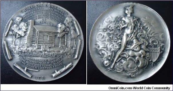 1962 USA Victor David Brenner Medal. Silver: 76MM./6.88 oz.
Tovio Johnson's Coin Designer Medal Series #2 of 6 Rare Silver Medals.  Issue #1520
