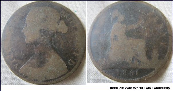 low grade 1861 penny 6+g