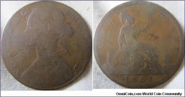 low grade 1861 penny 4+D