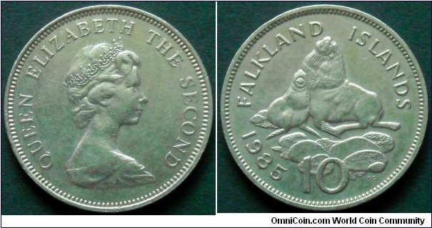Falkland Islands 10 pence.
1985