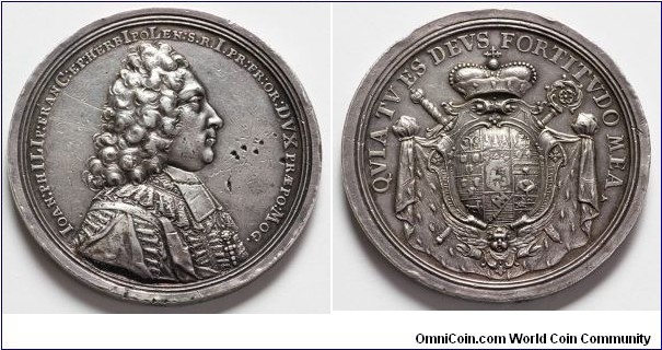 1720 o j German Habsburg The Consecration of Bishop, Johann Philipp Franze Graf by Schönborn/Georg Wilhem Vestner. (1719-1724) Medal. Silver: 50MM./42.7 gms.
Obv: Bust of Bishop IOAN PHILIP to right.  Legend IOAN:PH ILI P;FR; AN C:EP:HERB IPOLEN:S.R.I.PR:FR:OR:DVX PRAEPO:MOG. Signed VESTNER F. Rev: 10 Feldiges coat of arms with central shield Schönborn in cartridge on the crowned prince coat.  Legend QVIA TV ES DEVS FORTITVDO MEA.
