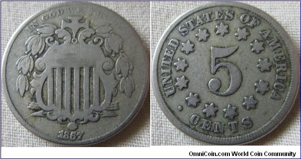 1867 no rays Nickel, worn grade.