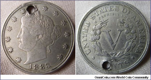 1883 V nickel with CENTS, EF details but holed