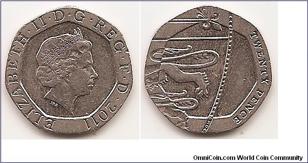 20 Pence
KM#1111
5.0000 g., Copper-Nickel, 21.4 mm. Ruler: Elizabeth II Obv: Head with tiara right Rev: Section of the Royal Arms - lion's tails Shape: 7-sided