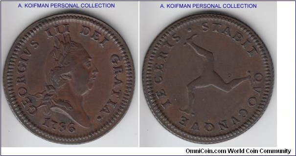 KM-9.1, 1786 Isle of Man penny; copper, engrailed edge; brown smooth color good very fine to about extra fine specimen, very nice.