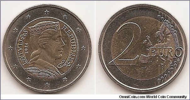 2 Euro
KM#157
8.5000 g., Bi-Metallic Nickel-Brass center in Copper-Nickel ring, 
25.75 mm. Obv: The reverse of the coin features the portrait of a Latvian folk-maid in profile, originally depicted on the reverse of the 5 lats silver coin in 1929. It is semi-encircled by the inscriptions LATVIJAS on the left and REPUBLIKA on the right. The coin's outer ring bears the 12 stars of the European Union Rev: Relief map of Western 
Europe, stars, lines and value Edge: Fine milled, with the inscription DIEVS * SVĒTĪ * LATVIJU (GOD BLESS LATVIA)Artists: common side – Luc Luycx, national side – Guntars Sietiņš and Ligita Franckeviča