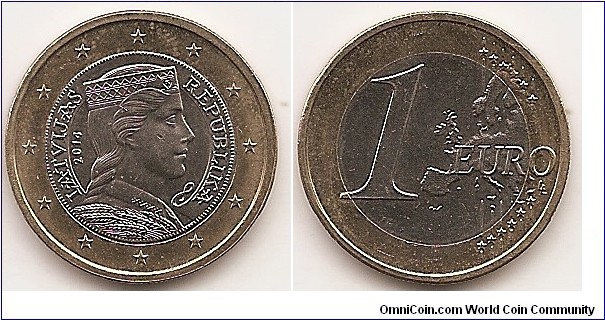 1 Euro
KM#156
7.5000 g., Bi-Metallic Copper-Nickel center in Nickel-Brass ring, 
23.35 mm. Obv: The reverse of the coin features the portrait of a Latvian folk-maid in profile, originally depicted on the reverse of the 5 lats silver coin in 1929. It is semi-encircled by the inscriptions LATVIJAS on the left and REPUBLIKA on the right. The coin's outer ring bears the 12 stars of the European Union Rev: Relief map of Western Europe, stars, lines and value Edge: Segmented reeding Artists: common side – Luc Luycx, national side – Guntars Sietiņš and Ligita Franckeviča
