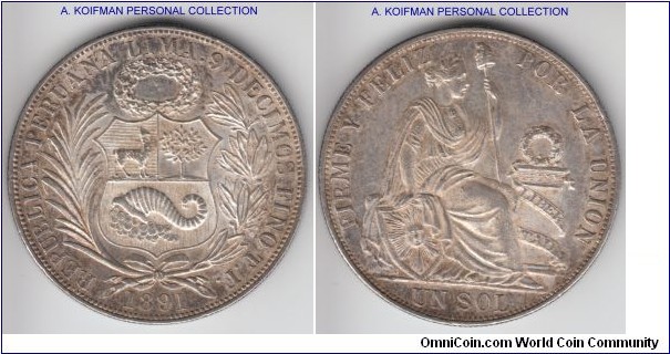 KM-196.24, 1891 Peru sol, TF; silver, reeded edge; LIBERTAD in relief, good extra fine, some luster.