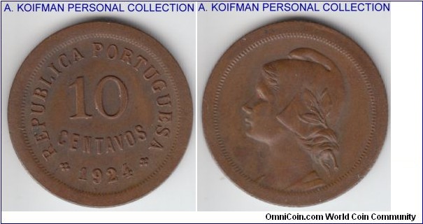 KM-573, 1924 Portugal 10 centavos; bronze, reeded edge; extra fine.