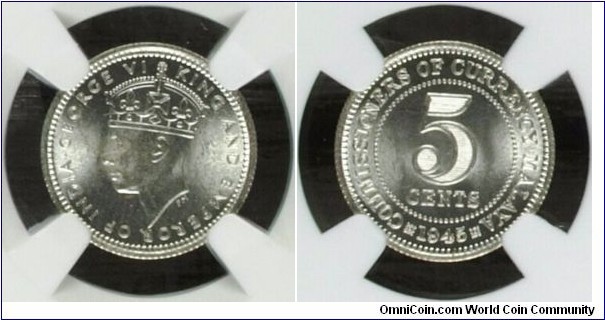 Malaya 5 Cents 1945 KM#3a MS64