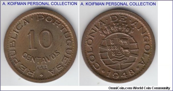 KM-Pr20, Portuguese Angola 10 centavos; prova, bronze, plain edge; average uncirculated prova.