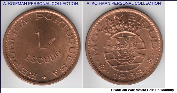 KM-Pr52, 1968 Portugueze Mozambique (Colony) escudo; prova, bronze, plain edge; nice red-brown uncirculated specimen.