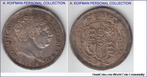 KM-666, 1816 Great Britain shillingl silver, reeded edge; good extra fine or better, uneven toning.