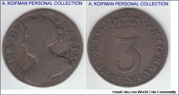 KM-514, 1709 Great Britain 3 pence; silver, plain edge; fine or so.