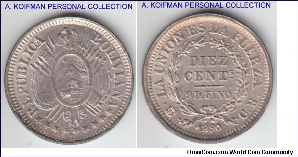 KM-158.3, 1890 Bolivia 10 centavos; silver, reeded edge; brilliant uncirculated, 1 in date over horizontal bar variety.