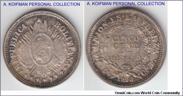 KM-157.2, 1893 Bolivia 5 centavos, CB essayer; silver, reeded edge; about uncirculated, toned, likely 1893/83 variety or reengraved 9 in the date.